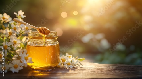 A glass jar filled with fresh honey on a rustic background, accompanied by flowers on the table. Honey drips from a honey dipper into the jar.