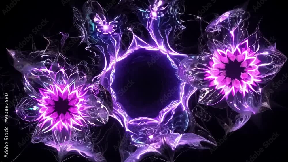 This Colorful abstract flowers bloom against a dark backdrop, showcasing vibrant hues.