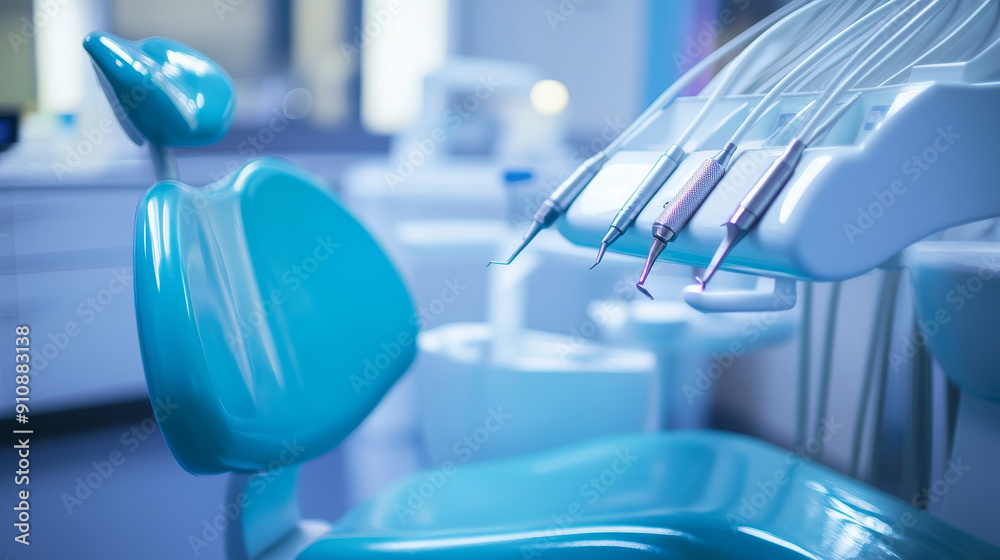 Dentist's office features state-of-the-art dental equipment in shades of blue and white. The dental chair and various instruments assist dentists in providing dental care.