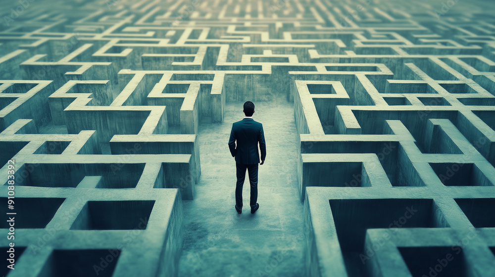 Confident businessman standing at the center of a maze pondering solutions to problems - navigating the complexities of business. Confident businessman standing at the center of a maze pondering solutions to problems - navigating the complexities of business.