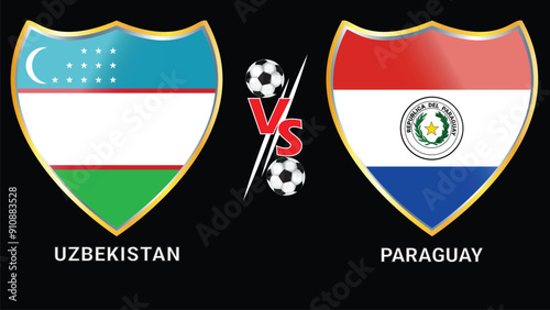 Uzbekistan vs Paraguay football face-off: black background and versus flags in silver and golden frames