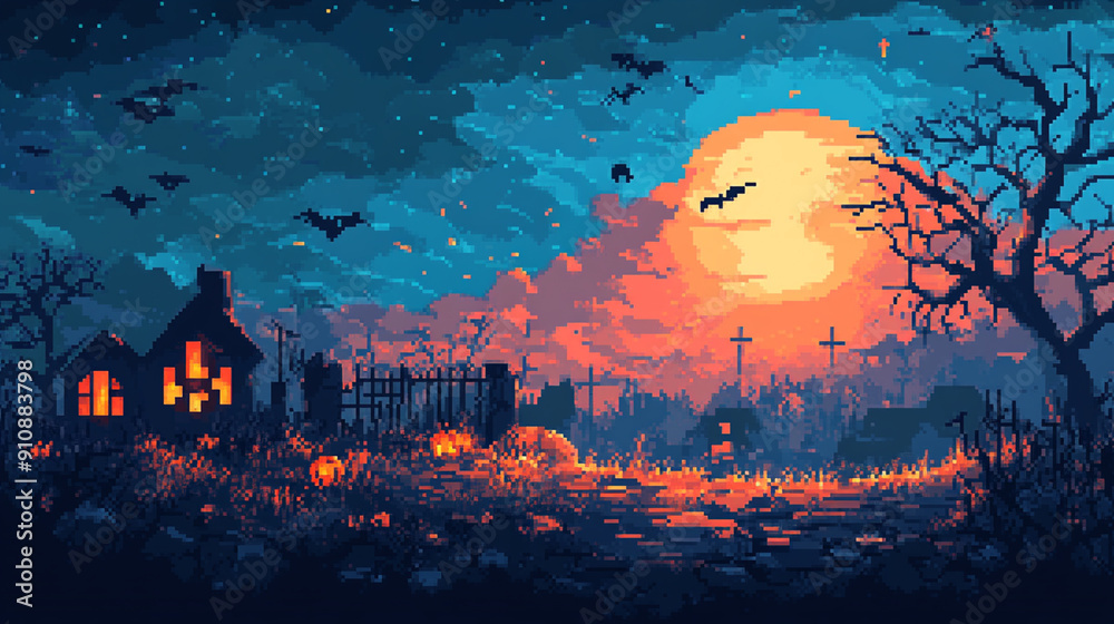 illustration of 8 bit pixel halloween background illustration of 8 bit pixel halloween background
