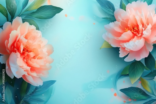 Two Pink Peonies with Green Leaves on a Teal Background