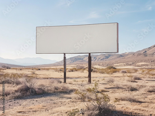 Blank Billboard in Sparse Landscape with Vibrant Sky, Ideal for Outdoor Advertising and Marketing in a Rural Setting photo