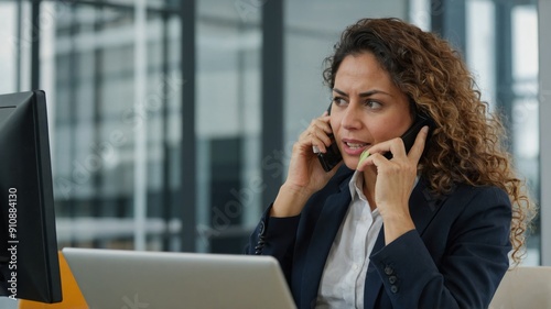 Businesswoman using her laptop and talking on the phone