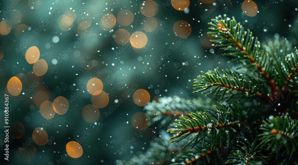 Close-Up of a Pine Branch with Snowflakes and Golden Bokeh Close-Up of a Pine Branch with Snowflakes and Golden Bokeh