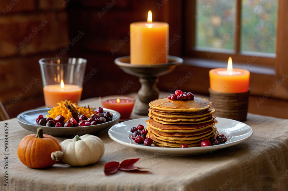 Thanksgiving Breakfast with Apple Cinnamon Pancakes, Sausage, and Fruits on Rustic Table Thanksgiving Breakfast with Apple Cinnamon Pancakes, Sausage, and Fruits on Rustic Table