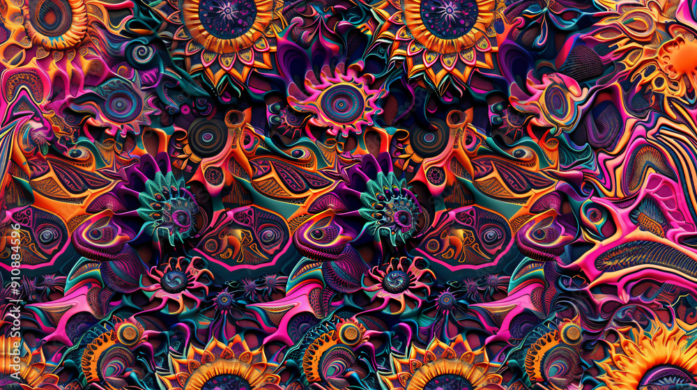 Vibrant abstract background with a psychedelic pattern featuring sunflower and organic shapes Vibrant abstract background with a psychedelic pattern featuring sunflower and organic shapes