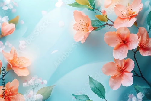 Delicate Peach Blossoms and Green Leaves Against a Teal Background