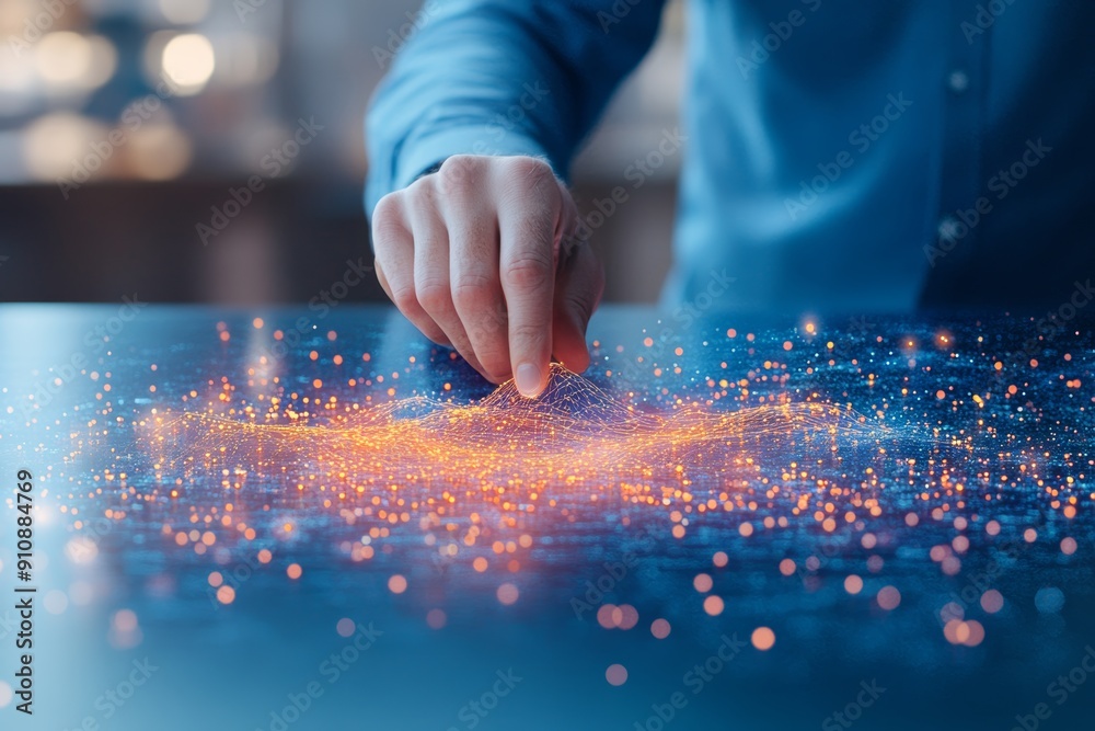 A person interacting with a glowing digital interface, creating dynamic patterns of light and energy on a sleek surface. A person interacting with a glowing digital interface, creating dynamic patterns of light and energy on a sleek surface.
