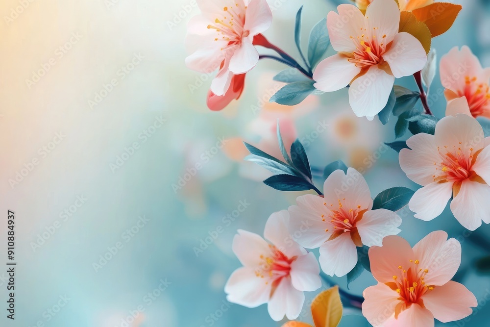 Delicate Pink Flowers with Teal Leaves Against a Blurred Background Delicate Pink Flowers with Teal Leaves Against a Blurred Background