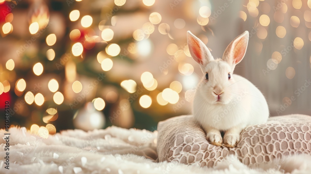 White rabbit sitting on a cushion with a festive Christmas background, surrounded by twinkling lights, creating a cozy holiday atmosphere. White rabbit sitting on a cushion with a festive Christmas background, surrounded by twinkling lights, creating a cozy holiday atmosphere.