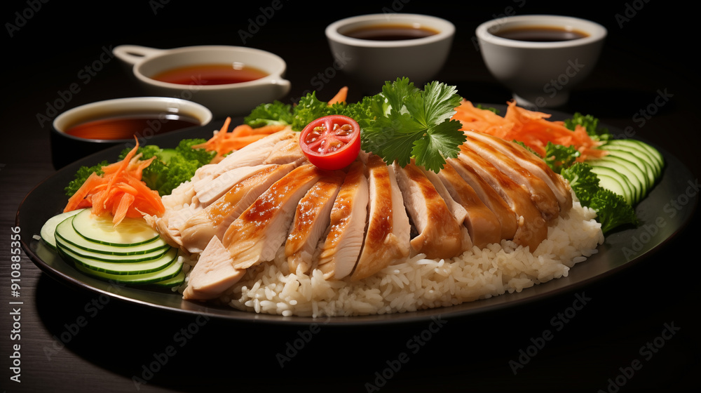 Hainanese chicken rice, with the tender, juicy chicken slices adorned with a sprinkle of finely chopped vegetables on a bed of steamed rice Hainanese chicken rice, with the tender, juicy chicken slices adorned with a sprinkle of finely chopped vegetables on a bed of steamed rice