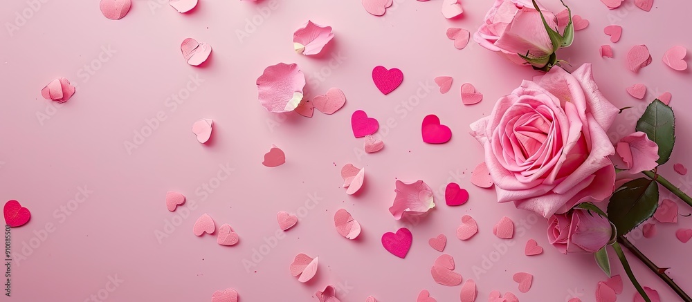 A pink rose and heart shaped confetti made of paper adorn a soft pink backdrop complete with a card for text on this holiday themed flat lay with a top view perfect for a message with copy space image A pink rose and heart shaped confetti made of paper adorn a soft pink backdrop complete with a card for text on this holiday themed flat lay with a top view perfect for a message with copy space image