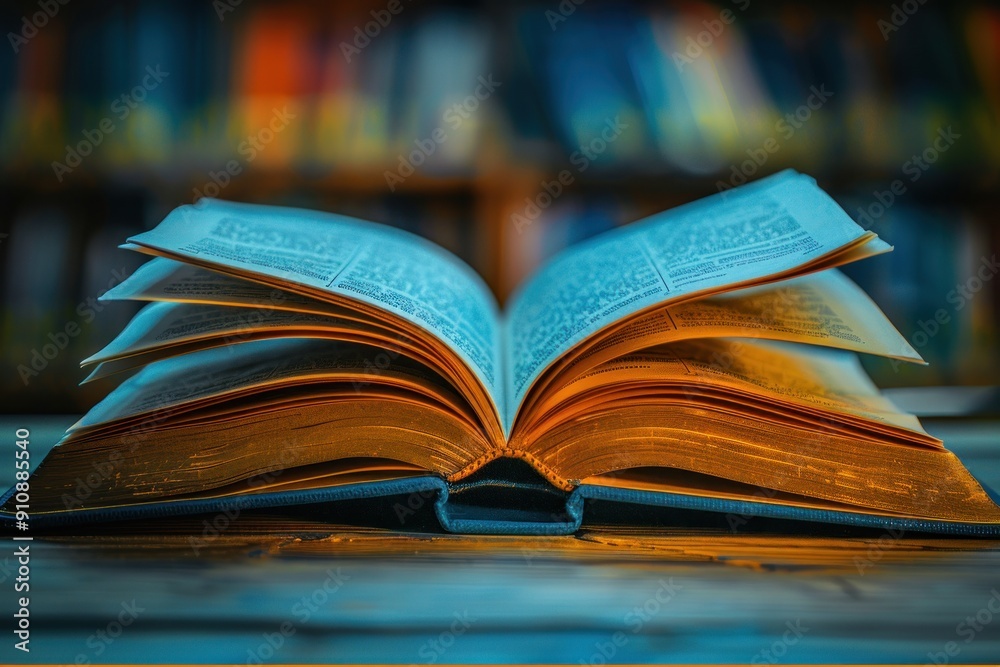 Open Book on Wooden Table with Blurred Bookshelf Background Open Book on Wooden Table with Blurred Bookshelf Background