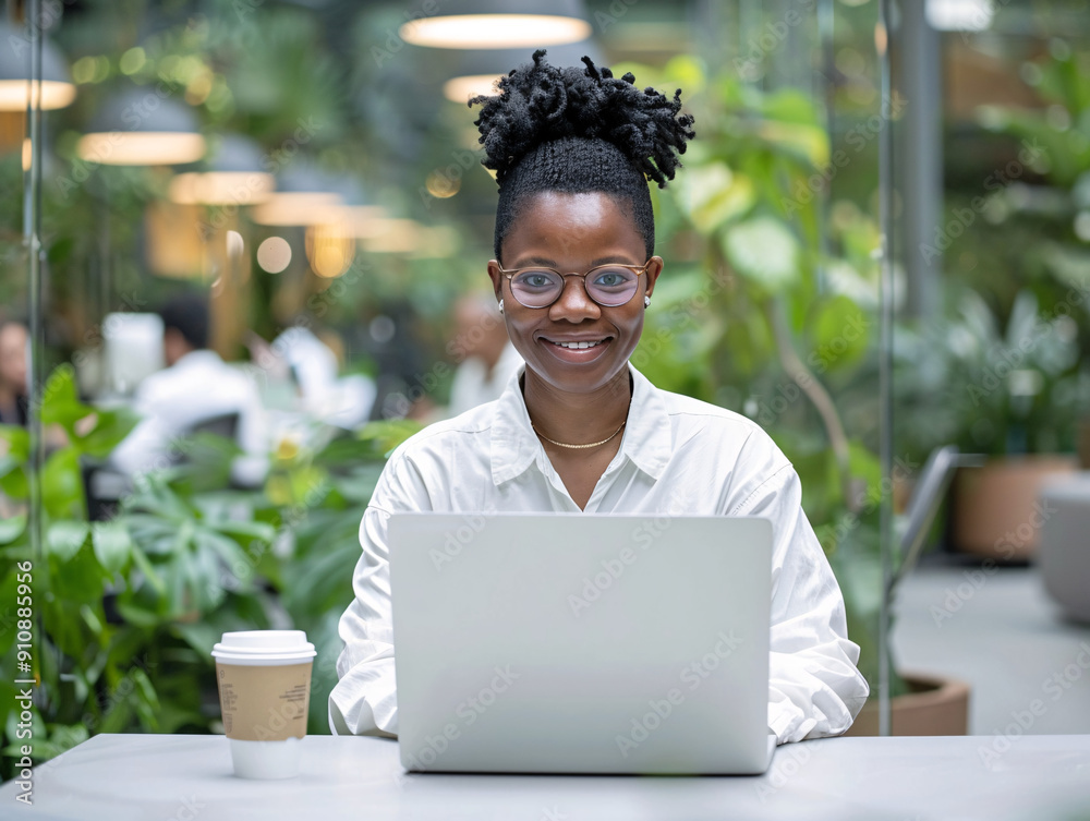 African American Businesswoman Working Attentively on Laptop in Modern Corporate Office, Showcasing Professionalism and Expertise African American Businesswoman Working Attentively on Laptop in Modern Corporate Office, Showcasing Professionalism and Expertise