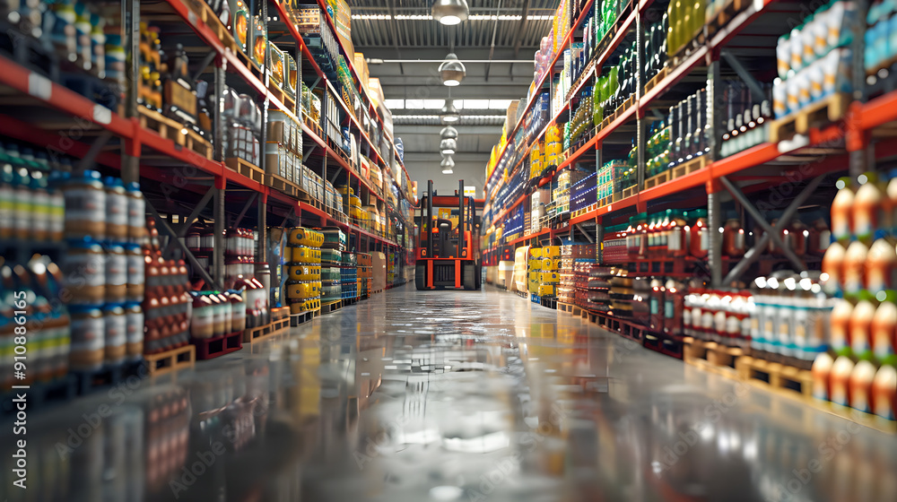 Fototapeta premium Retail warehouse full of shelves with goods in cartons, with pallets and forklifts. Logistics and transportation blurred background. Product distribution center.