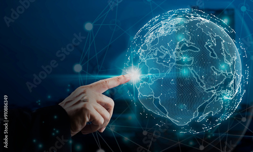 Businessman pointing global internet network connection, smart city background, data exchange, e-commerce. Digital technology, internet global network technology concept.