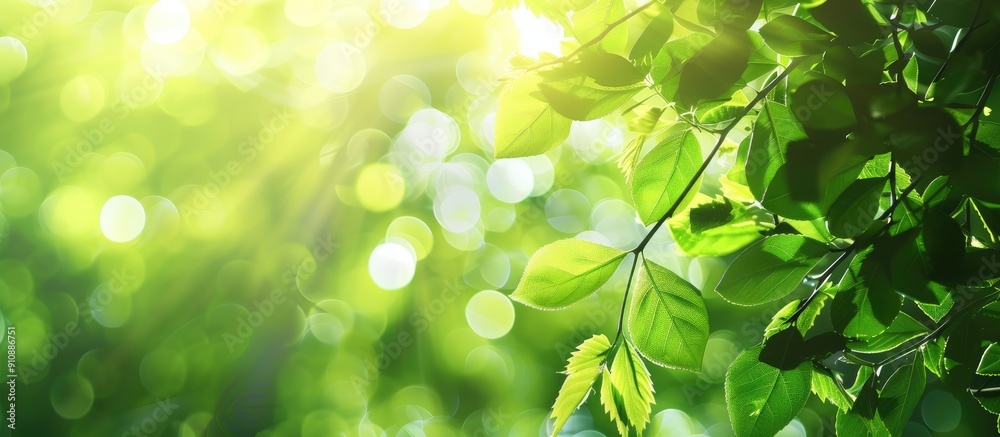 Fresh green foliage from a tree in natural bokeh background with bright sunlight and space for adding an image. Creative banner. Copyspace image Fresh green foliage from a tree in natural bokeh background with bright sunlight and space for adding an image. Creative banner. Copyspace image