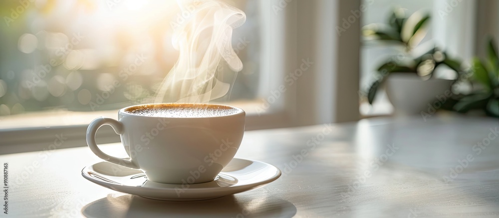 A steaming cup of coffee on a white table with a copy space image A steaming cup of coffee on a white table with a copy space image