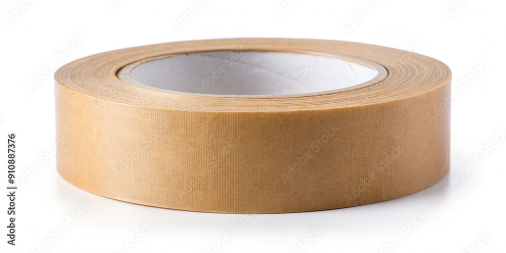 A roll of brown adhesive paper tape isolated on a white background, showcasing its texture and cylindrical shape. Perfect for crafting and office supply content A roll of brown adhesive paper tape isolated on a white background, showcasing its texture and cylindrical shape. Perfect for crafting and office supply content