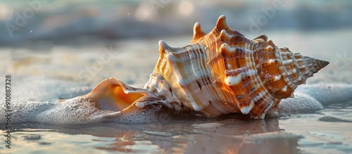 A large spider conch shell Lambis truncata is seen on the beach with a clear background for adding text or other elements copy space image photo