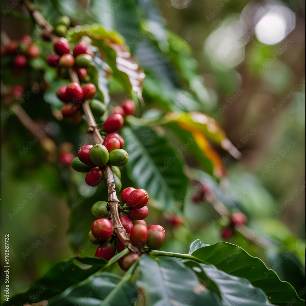 Close-up of coffee berries (cherries) on the branches of trees growing under the forest canopy on a blurred green leaf background. Generative AI Close-up of coffee berries (cherries) on the branches of trees growing under the forest canopy on a blurred green leaf background. Generative AI