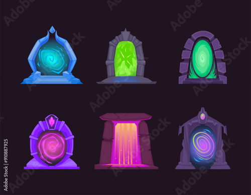 magic portals set. cartoon fantasy fairy tale teleport gates collection, stone arches between worlds, planets, galaxy archways. vector cartoon portals set.