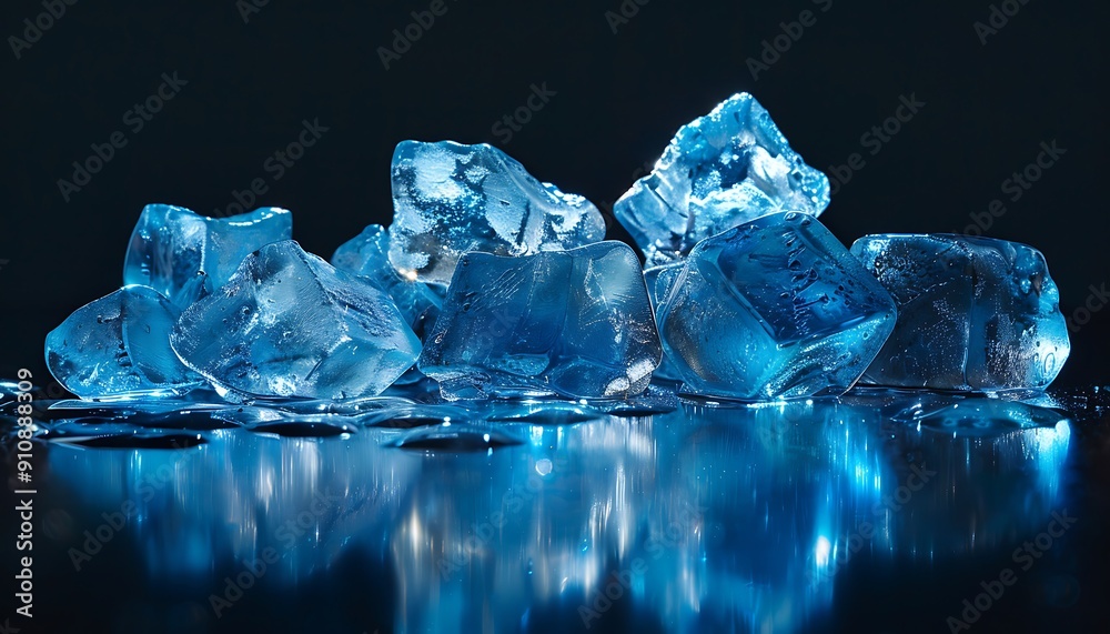 Close-up of ice cubes on a dark reflective surface. Close-up of ice cubes on a dark reflective surface.