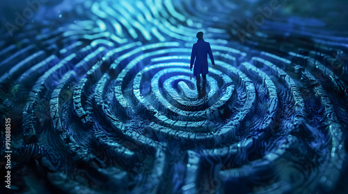 Psychology, psychiatry and mental health. Vector philosophic line illustration of man, searching for the meaning of life, labyrinth, fingerprint and life path for poster, magazine cover and background photo