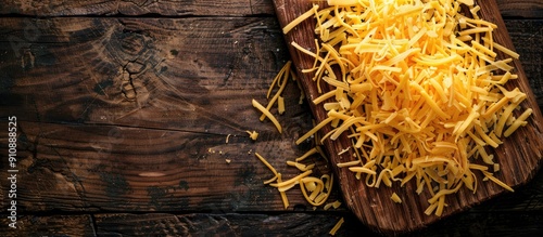 Rustic wooden board with shredded sharp cheddar cheese viewed from below perfect for adding text Includes a copy space image