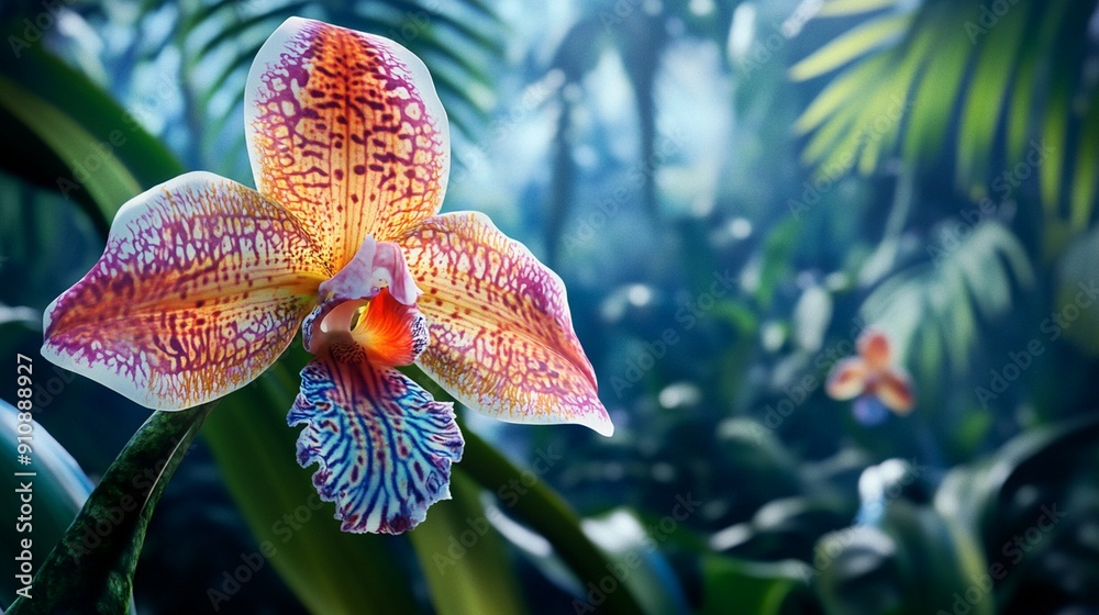 Vivid Orchid with Intricate Petal Patterns in a Tropical Rainforest Background Vivid Orchid with Intricate Petal Patterns in a Tropical Rainforest Background