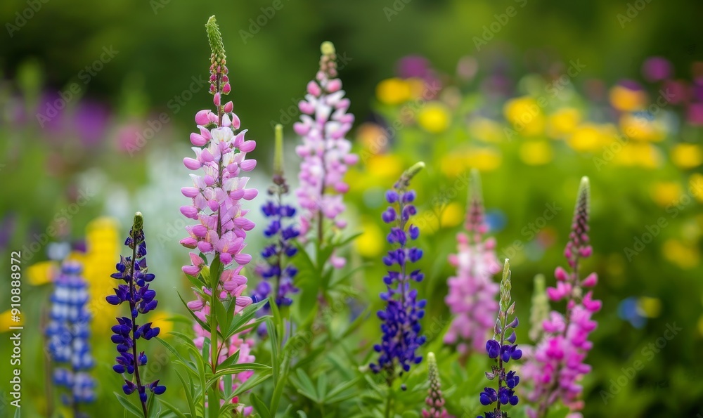 Obraz premium vibrant pink, purple, and blue lupine flowers blooming in a lush green meadow with a blurred background of yellow and white flowers.