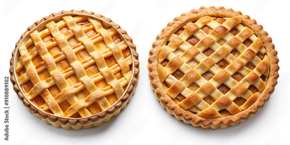 Two classic apple pies with lattice crusts, isolated on a white background. One pie has a slightly darker crust, showcasing homemade pastry perfection. Perfect for baking and dessert-themed content Two classic apple pies with lattice crusts, isolated on a white background. One pie has a slightly darker crust, showcasing homemade pastry perfection. Perfect for baking and dessert-themed content