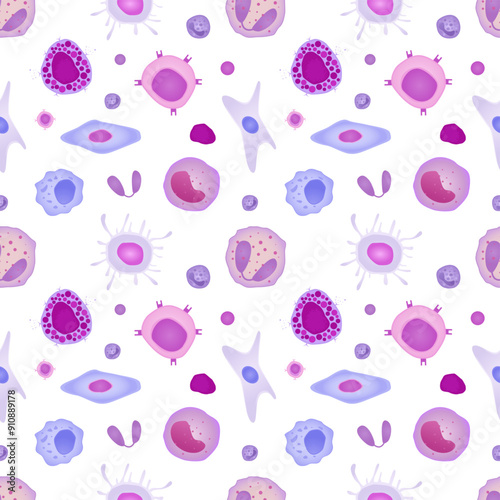 immune cells pattern. Neutrophil, Basophil, Eosinophil, Monocyte and Fibroblast, cartoon flat different shaped blood cells. vector biology medical objects seamless pattern.