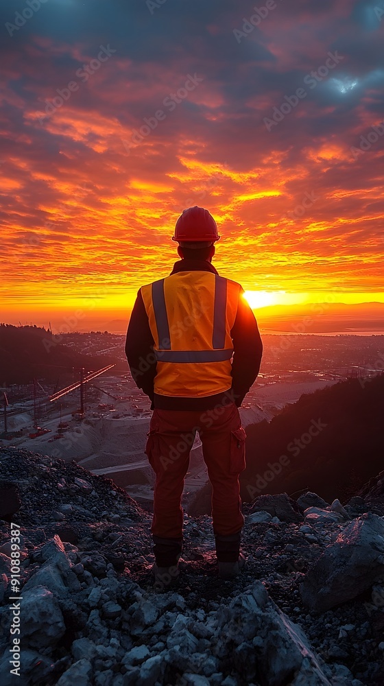 Obraz premium Civil Engineer Admiring Dramatic Sunset Over Construction Site