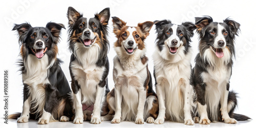 A group of happy Border Collie dogs sitting together, showcasing their distinct black and white coats and joyful expressions. Ideal for pet and breed-specific projects.