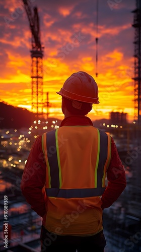 Construction Engineer Observing Sunset Site Development