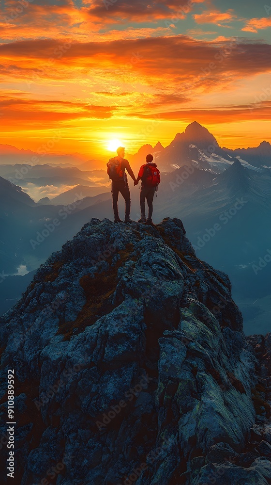 Fototapeta premium Hikers Assisting Each Other Reach Mountain Peak at Vibrant Sunset