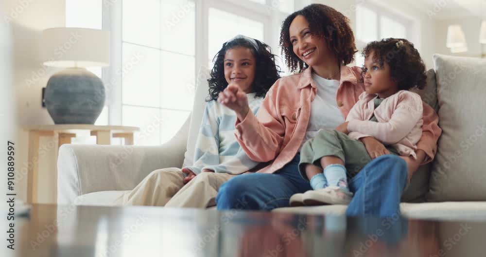 Mother, children and watching comedy in home, laughing and funny humor or tv for bonding. Mom, daughter and girl for series or cartoon movie, relax and kids for security in relationship or support Mother, children and watching comedy in home, laughing and funny humor or tv for bonding. Mom, daughter and girl for series or cartoon movie, relax and kids for security in relationship or support
