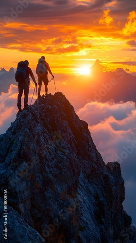 Teamwork and Support Guiding Hikers to Mountain Summit During Dramatic Sunset