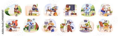 Cute anthropomorphic animals study set. Funny students learning with books, textbooks. Fox, frog, dog, cat, rabbit are pupils. School education. Flat isolated vector illustrations on white background