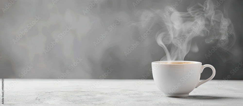 A steaming cup of coffee on a white table with a copy space image A steaming cup of coffee on a white table with a copy space image