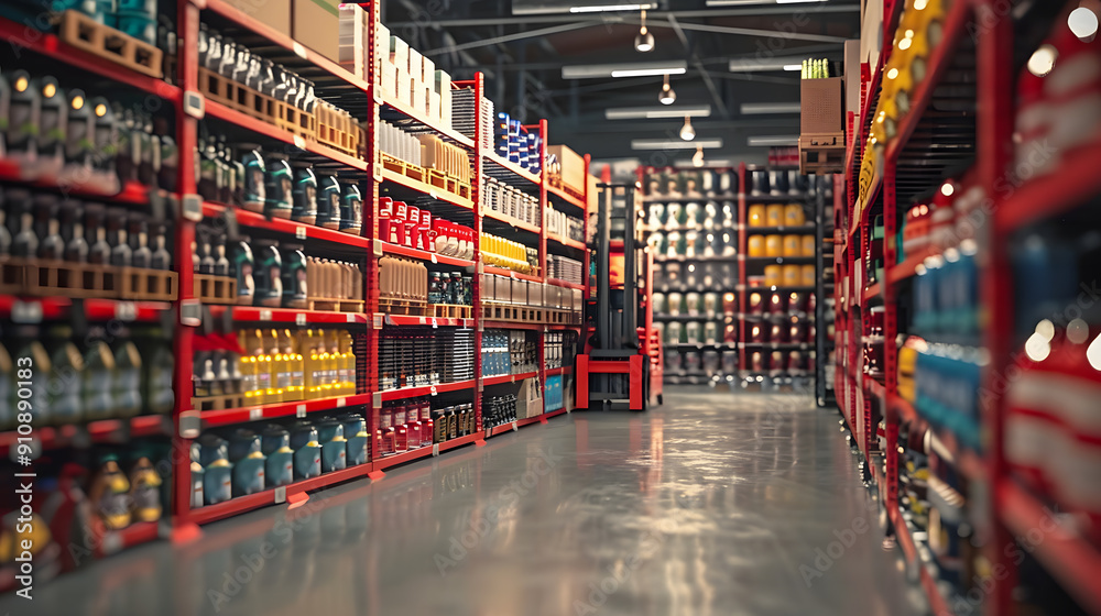 Retail warehouse full of shelves with goods in cartons, with pallets and forklifts. Logistics and transportation blurred background. Product distribution center. Retail warehouse full of shelves with goods in cartons, with pallets and forklifts. Logistics and transportation blurred background. Product distribution center.