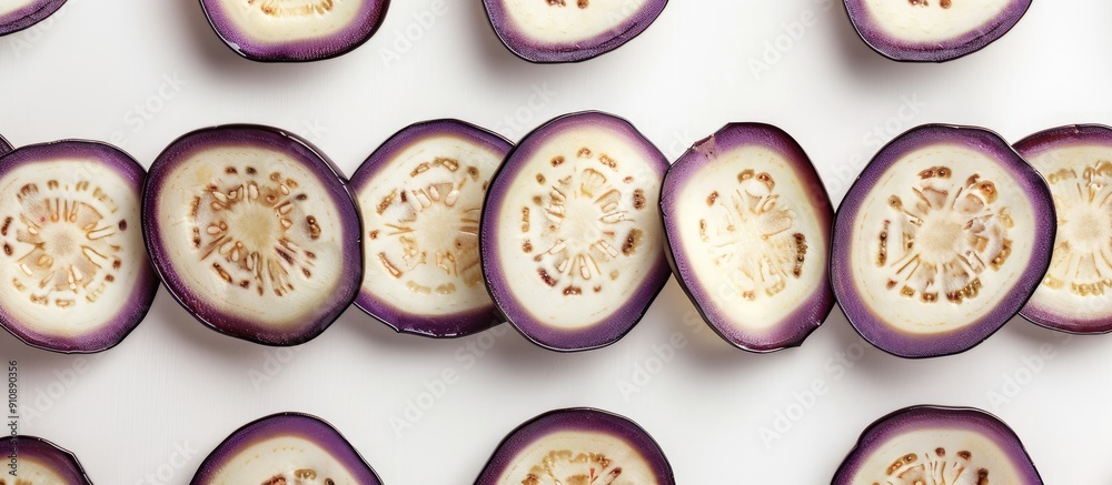 Eggplant slices arranged in circular pattern on white backdrop Isolated with copy space image for decorative frame or border on a food themed background Eggplant slices arranged in circular pattern on white backdrop Isolated with copy space image for decorative frame or border on a food themed background