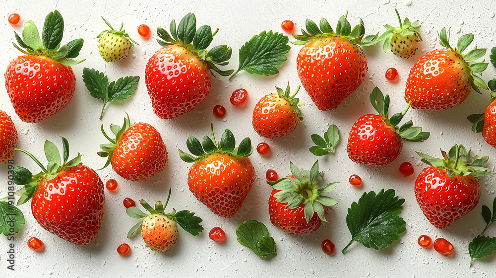 Pattern of strawberries, strawberry leaves and strawberry flowers on a white background Pattern of strawberries, strawberry leaves and strawberry flowers on a white background