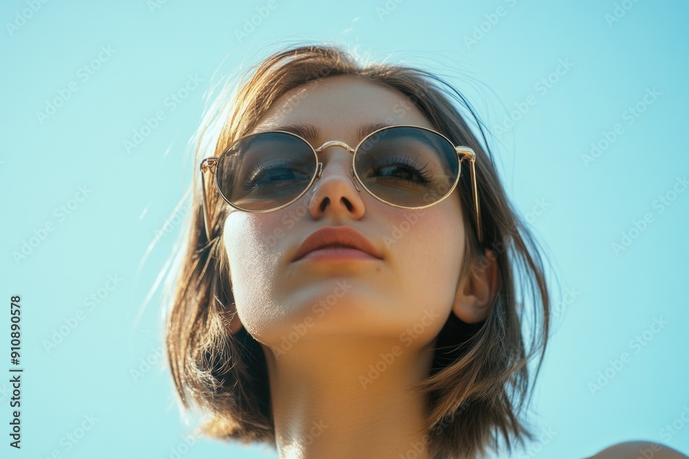 Woman looks up at sky Woman looks up at sky
