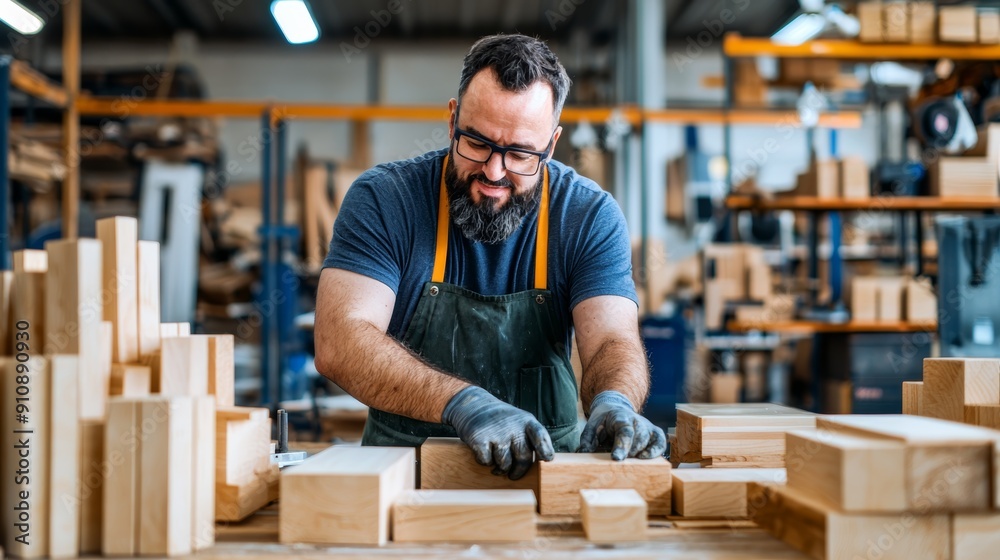 A skilled carpenter focuses on woodworking in a workshop filled with wooden blocks and tools, showcasing craftsmanship and dedication. A skilled carpenter focuses on woodworking in a workshop filled with wooden blocks and tools, showcasing craftsmanship and dedication.