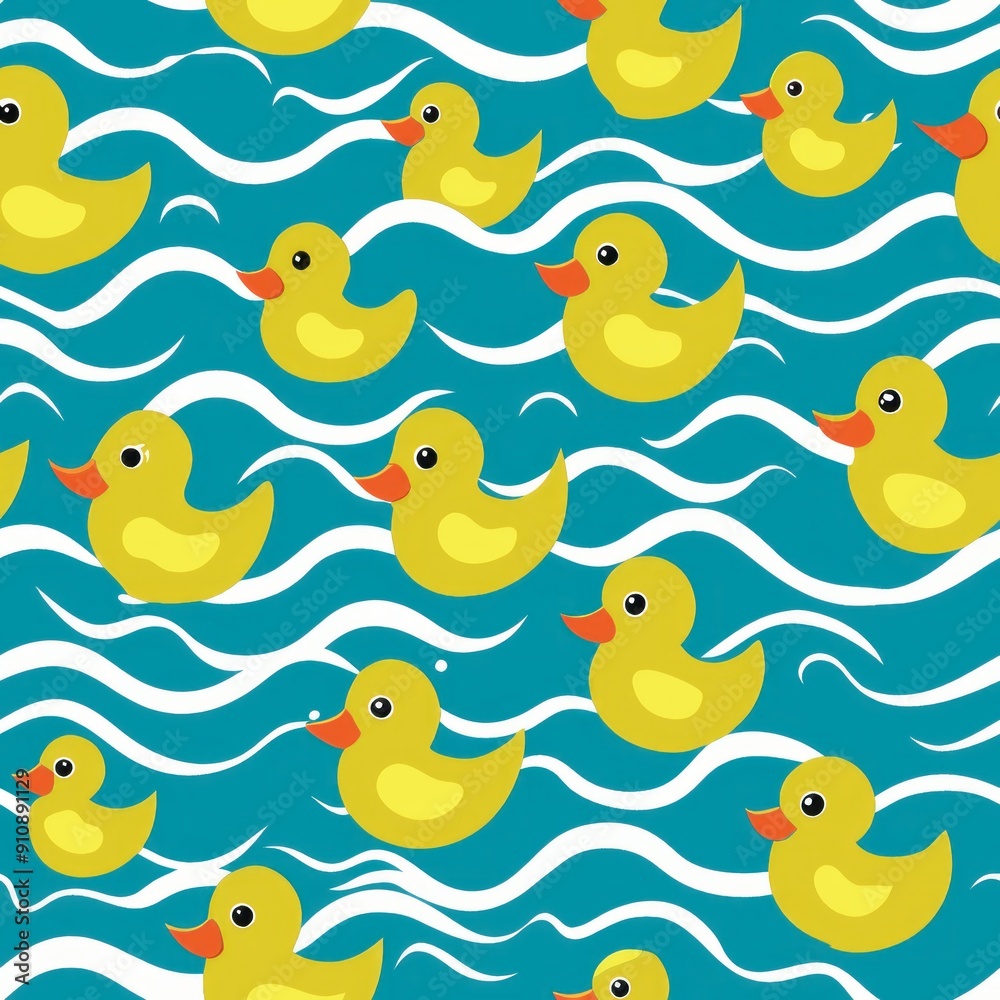 seamless pattern of rubber ducks on waves of water