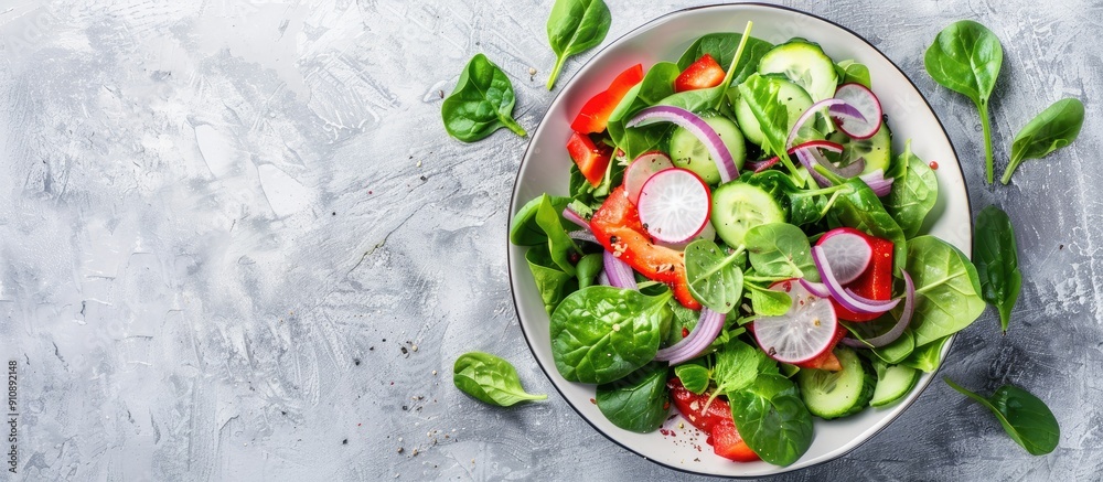 Vegetarian salad with radish spinach red onion bell pepper and cucumber displayed on a bright background with available copy space Vegetarian salad with radish spinach red onion bell pepper and cucumber displayed on a bright background with available copy space